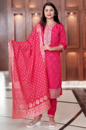 Elegant Pink Embroidered Cotton Suit Set with Chiffon Dupatta