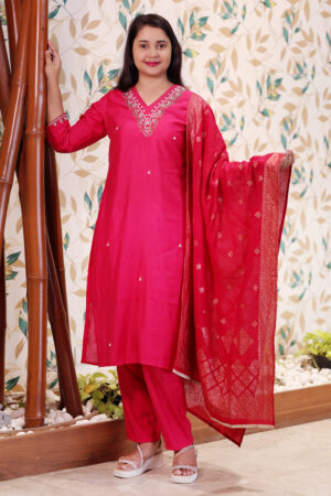 Pink Embroidered A-Line Kurta Set with Banarasi Dupatta