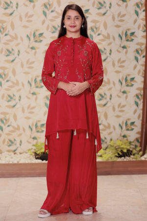 Cherry Red Embroidered  Cord Set