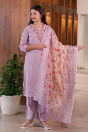 Lavender Bloom Embroidered Kurta Set with Floral Organza Dupatta