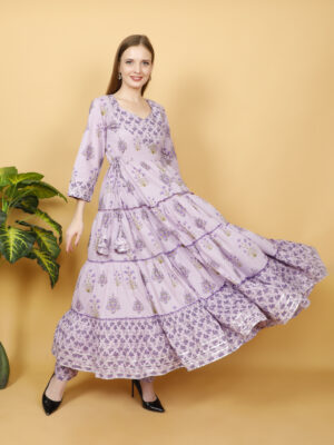 Lavender Hand Block Printed Anarkali Kurta Set