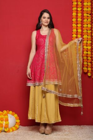 Women Pink & Mustard Sharara Style Suit Set with Net Dupatta