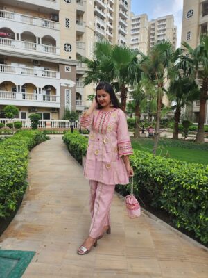 Women’s Pink Silk Embroidered  Cord Set with Potli bag