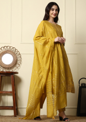 Women’s Mustard Yellow Cotton Silk Suit Set with Dupatta