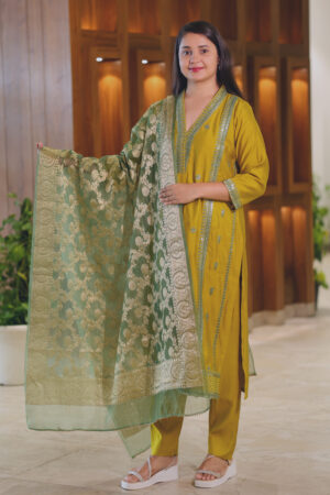 Green Embroidered Silk Suit Set  with Brocade Dupatta