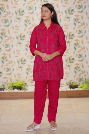 Pink Floral Embroidered Shirt-Style Co-Ord Set