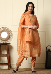Women’s Orange Printed Suit Set with Dupatta