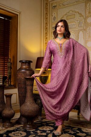 Women’s Purple Silk Blend Embroidered Suit Set with Dupatta