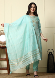 Women’s Aqua Blue Printed Suit Set with Dupatta