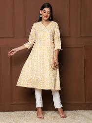 Yellow Floral Printed Wrap-Style A-Line Kurta