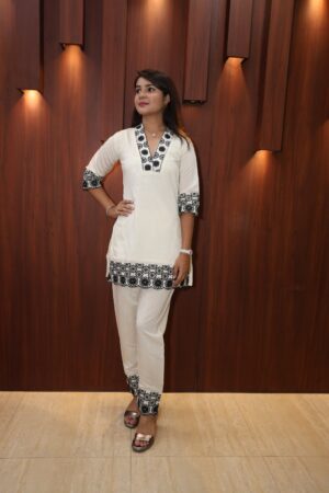 Women White Embroidered Co-ord Set