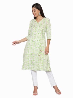 Green Floral Printed Wrap-Style A-Line Kurta