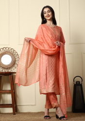 Women’s Peach Printed Suit Set with Dupatta