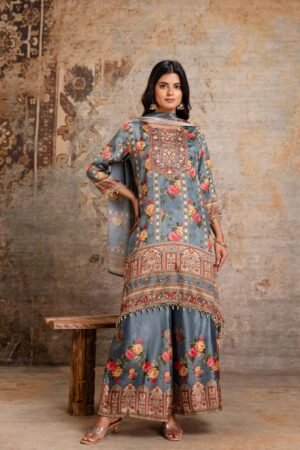 Women Printed Grey Kurta, Palazzo & Dupatta Set