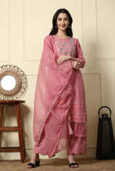 Rose Bloom Pink  Embroidered Kurta Pant Dupatta Set