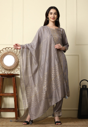Women’s Grey Printed Suit Set with Dupatta